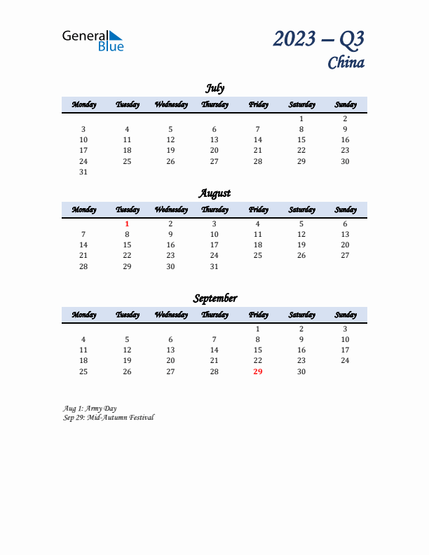 July, August, and September Calendar for China with Monday Start