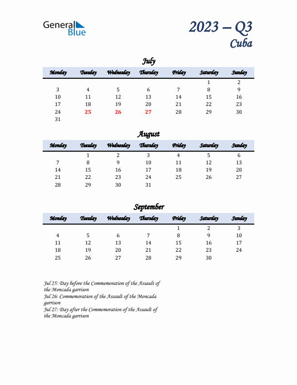 July, August, and September Calendar for Cuba with Monday Start