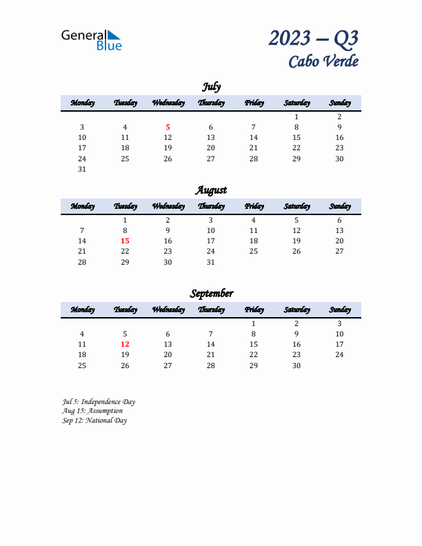 July, August, and September Calendar for Cabo Verde with Monday Start