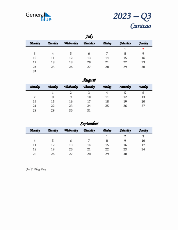 July, August, and September Calendar for Curacao with Monday Start