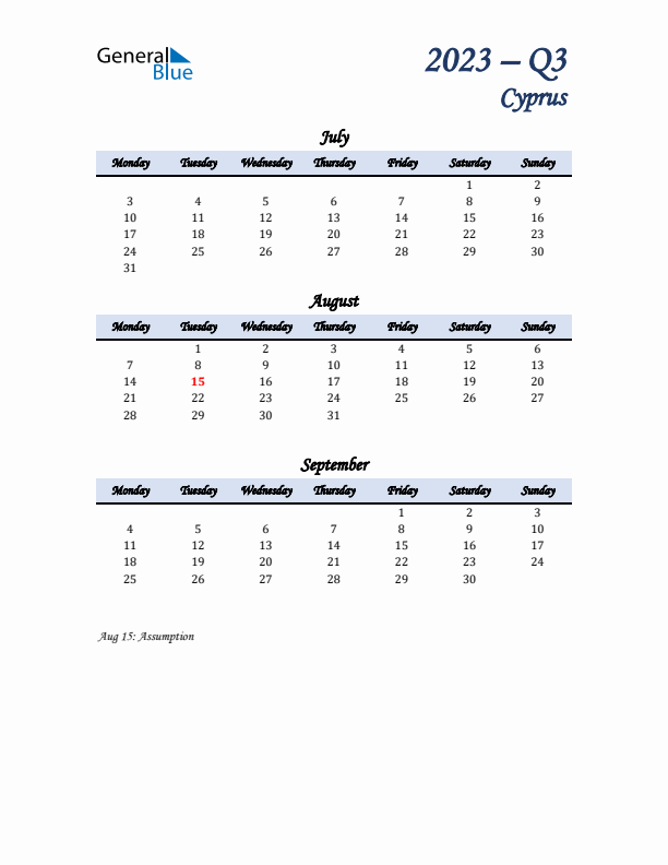 July, August, and September Calendar for Cyprus with Monday Start