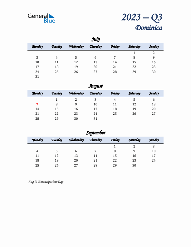 July, August, and September Calendar for Dominica with Monday Start