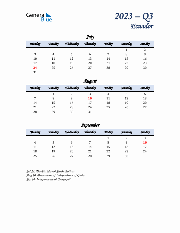 July, August, and September Calendar for Ecuador with Monday Start