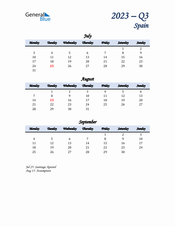 July, August, and September Calendar for Spain with Monday Start