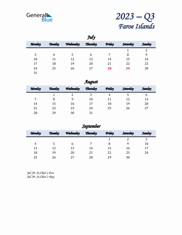 July, August, and September Calendar for Faroe Islands with Monday Start