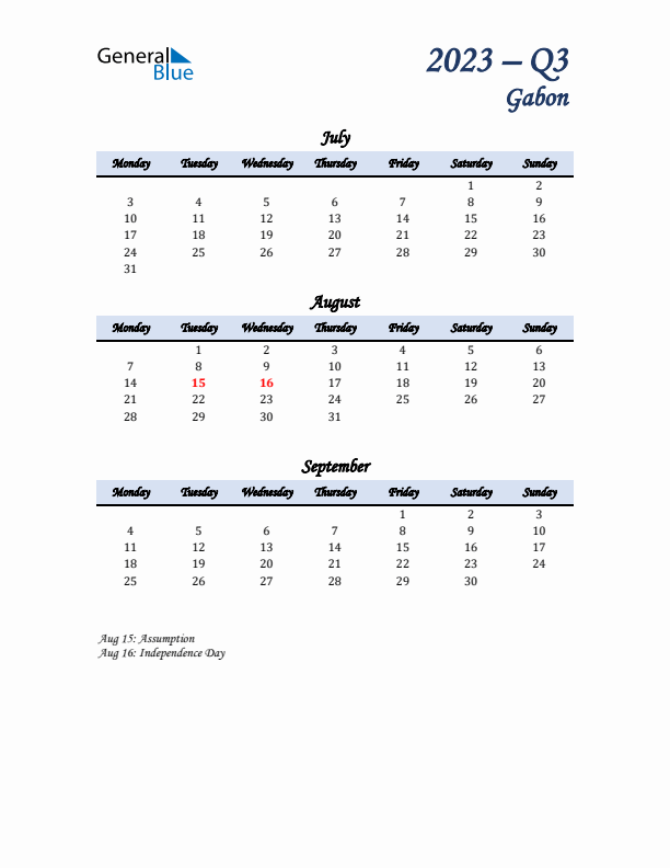 July, August, and September Calendar for Gabon with Monday Start