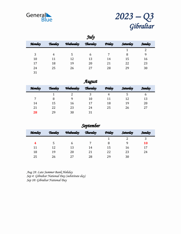 July, August, and September Calendar for Gibraltar with Monday Start