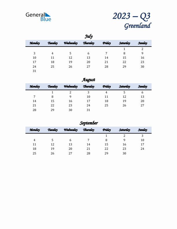 July, August, and September Calendar for Greenland with Monday Start