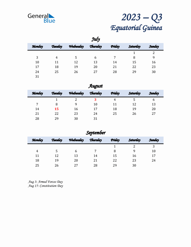 July, August, and September Calendar for Equatorial Guinea with Monday Start