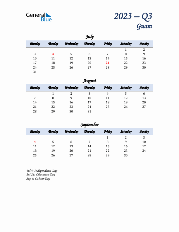 July, August, and September Calendar for Guam with Monday Start