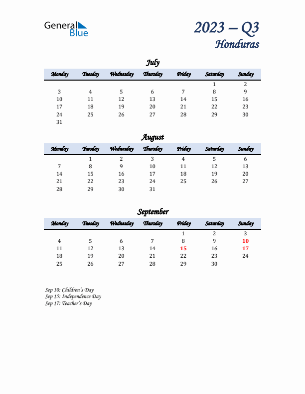 July, August, and September Calendar for Honduras with Monday Start