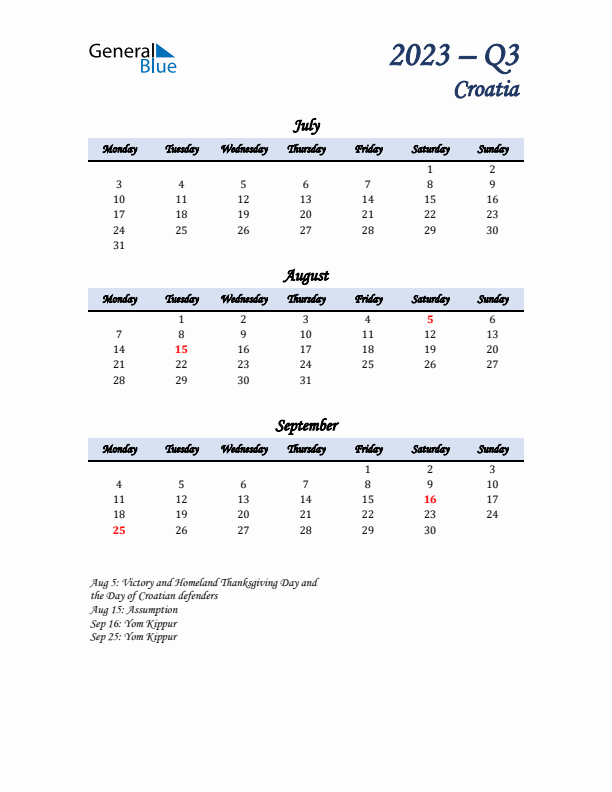 July, August, and September Calendar for Croatia with Monday Start