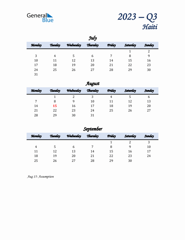 July, August, and September Calendar for Haiti with Monday Start