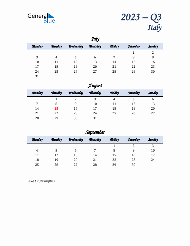 July, August, and September Calendar for Italy with Monday Start