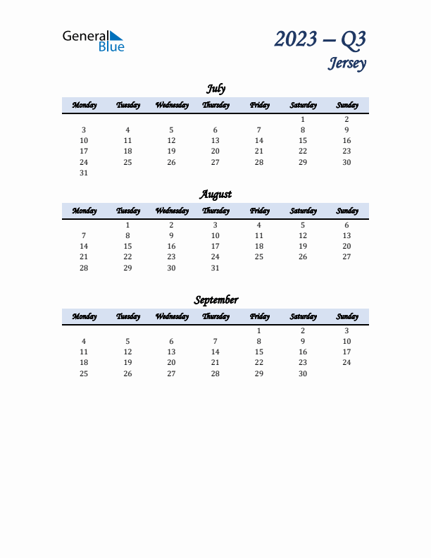 July, August, and September Calendar for Jersey with Monday Start