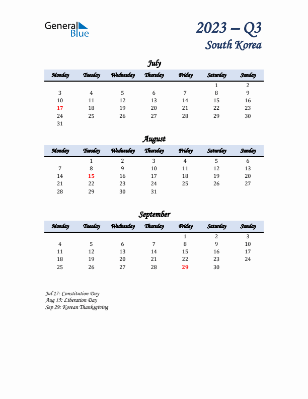 July, August, and September Calendar for South Korea with Monday Start