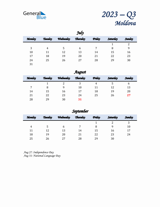 July, August, and September Calendar for Moldova with Monday Start