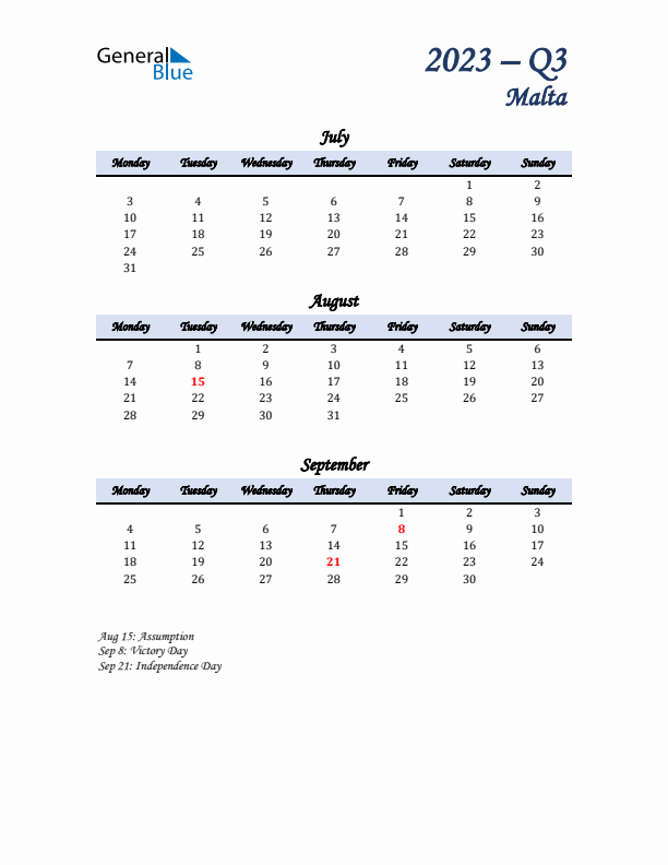 July, August, and September Calendar for Malta with Monday Start