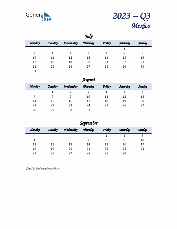 July, August, and September Calendar for Mexico with Monday Start