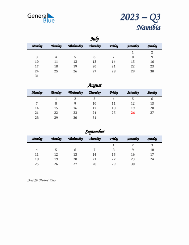 July, August, and September Calendar for Namibia with Monday Start