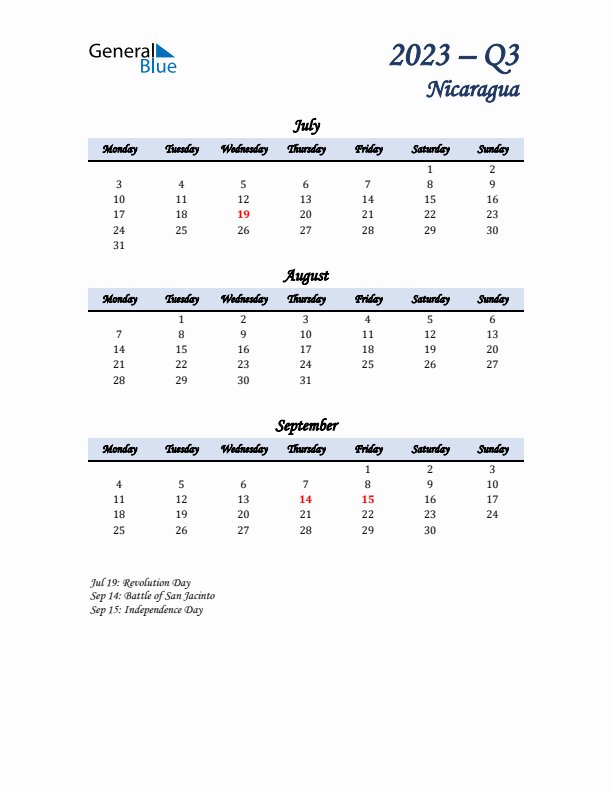 July, August, and September Calendar for Nicaragua with Monday Start