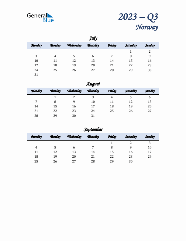 July, August, and September Calendar for Norway with Monday Start