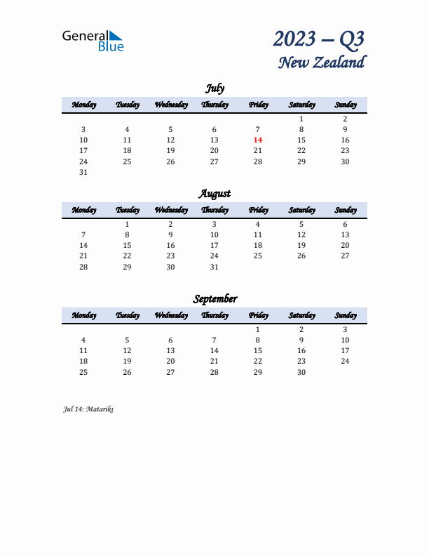 July, August, and September Calendar for New Zealand with Monday Start