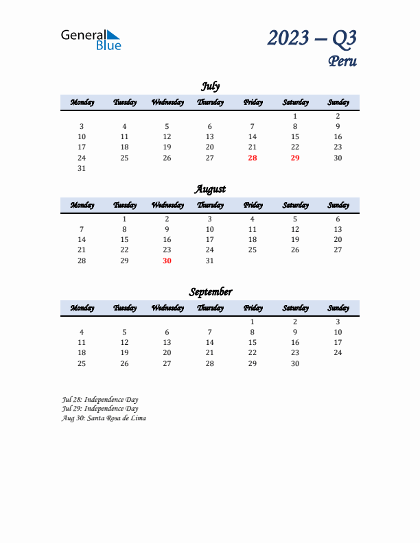 July, August, and September Calendar for Peru with Monday Start