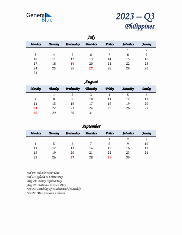 July, August, and September Calendar for Philippines with Monday Start