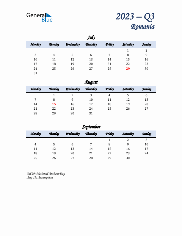 July, August, and September Calendar for Romania with Monday Start