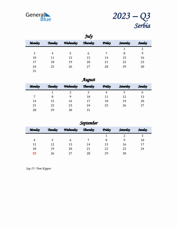 July, August, and September Calendar for Serbia with Monday Start