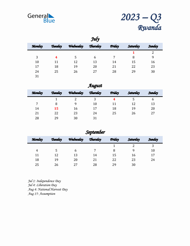 July, August, and September Calendar for Rwanda with Monday Start