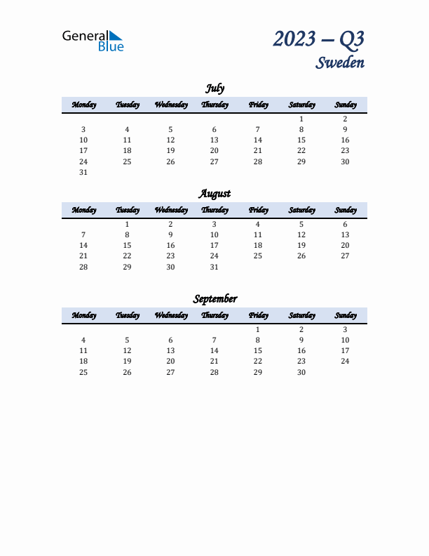 July, August, and September Calendar for Sweden with Monday Start