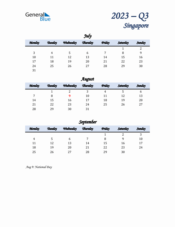 July, August, and September Calendar for Singapore with Monday Start