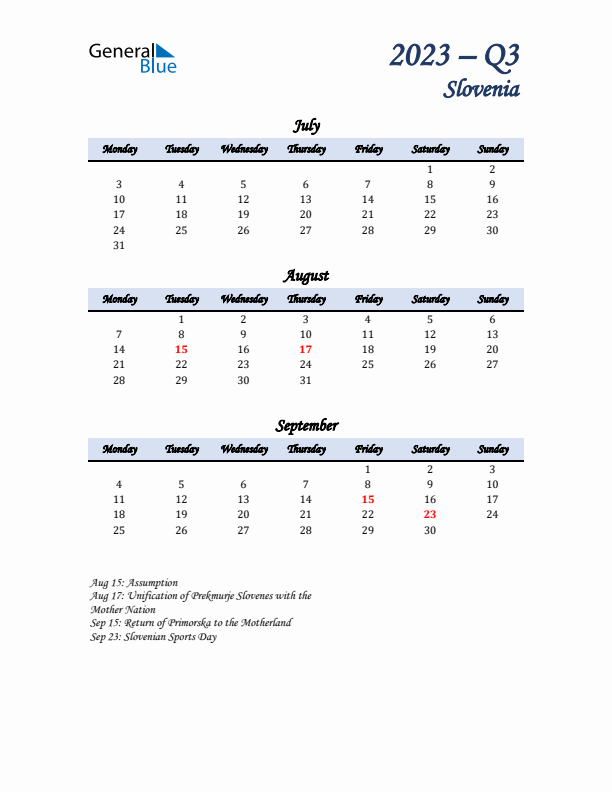 July, August, and September Calendar for Slovenia with Monday Start