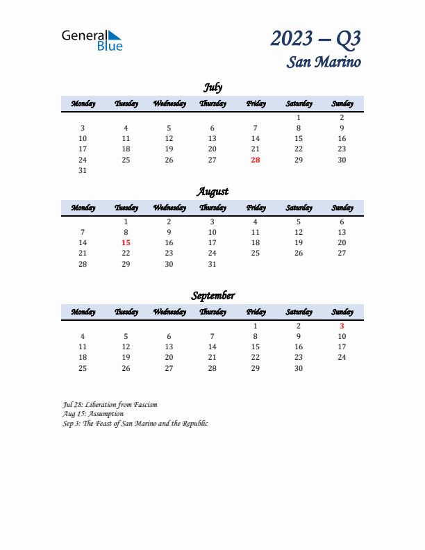 July, August, and September Calendar for San Marino with Monday Start