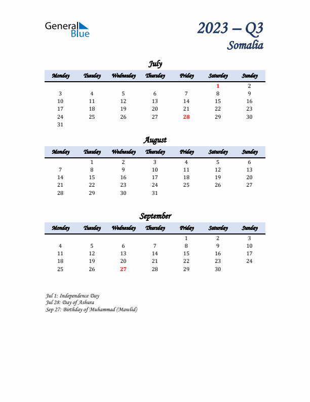 July, August, and September Calendar for Somalia with Monday Start