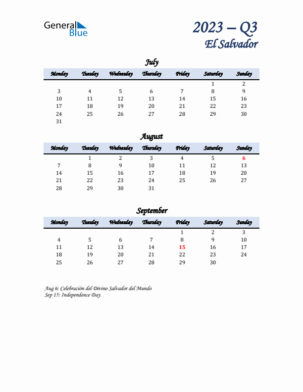 July, August, and September Calendar for El Salvador with Monday Start