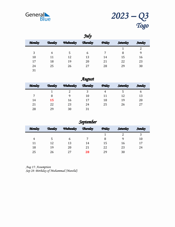 July, August, and September Calendar for Togo with Monday Start