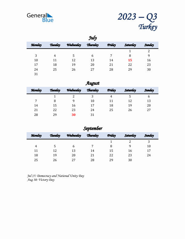 July, August, and September Calendar for Turkey with Monday Start