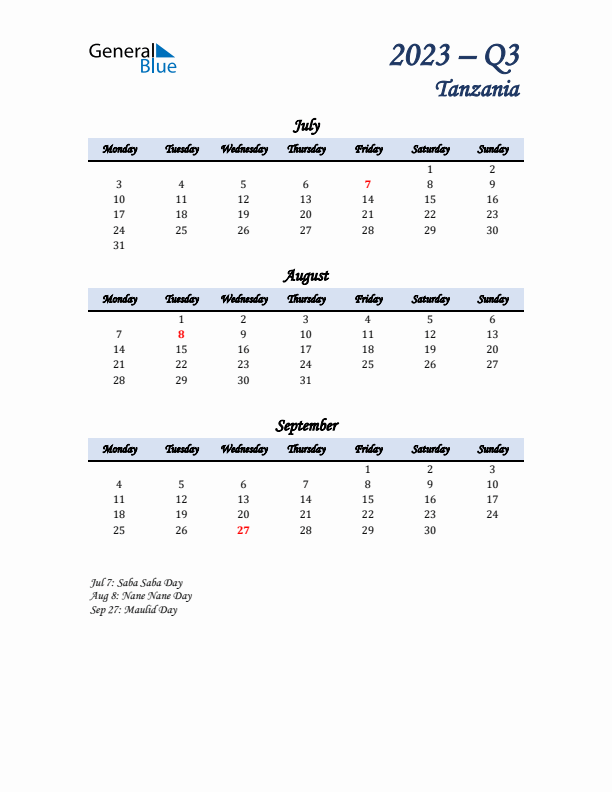 July, August, and September Calendar for Tanzania with Monday Start