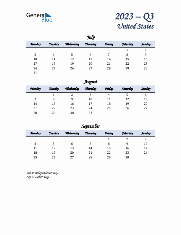 July, August, and September Calendar for United States with Monday Start