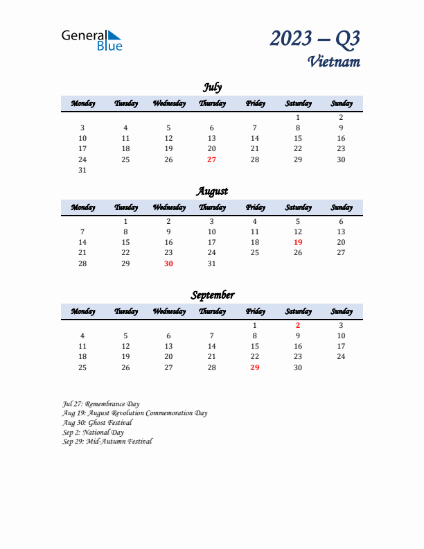 July, August, and September Calendar for Vietnam with Monday Start