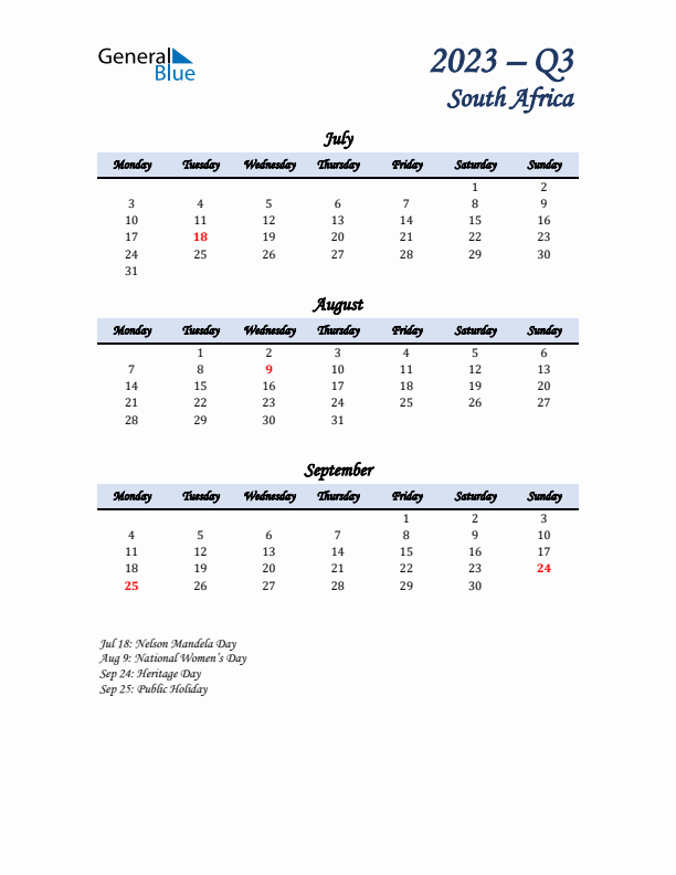 July, August, and September Calendar for South Africa with Monday Start