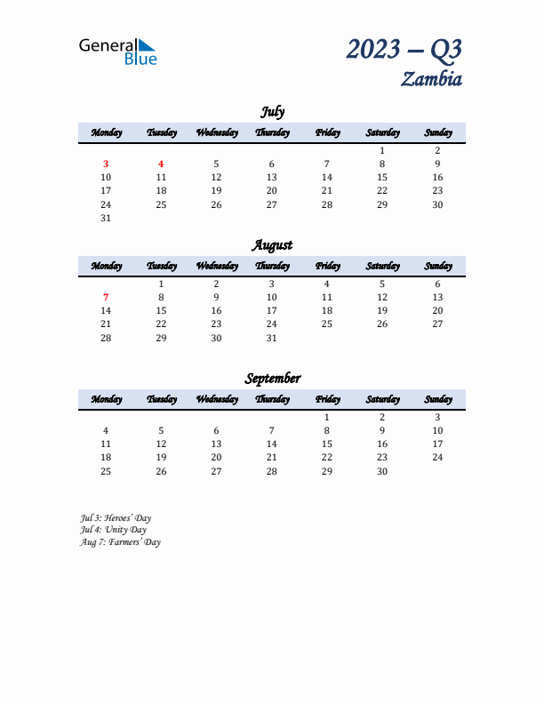 July, August, and September Calendar for Zambia with Monday Start