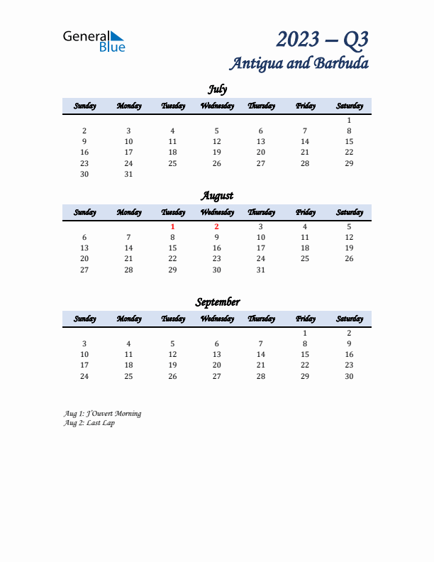 July, August, and September Calendar for Antigua and Barbuda with Sunday Start