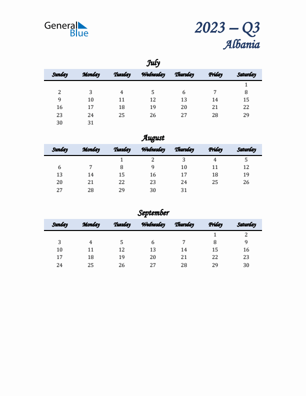 July, August, and September Calendar for Albania with Sunday Start