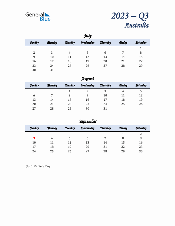 July, August, and September Calendar for Australia with Sunday Start