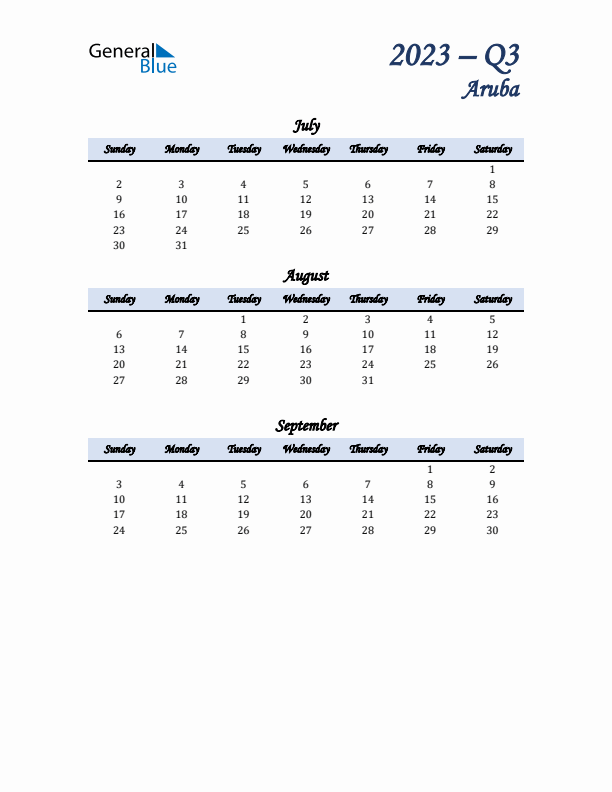 July, August, and September Calendar for Aruba with Sunday Start