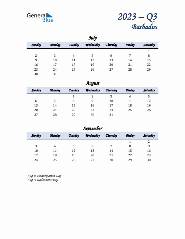 July, August, and September Calendar for Barbados with Sunday Start